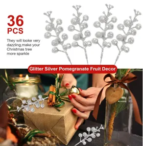 36pcs Glitter Silver Berry Branches Christmas Tree DIY Gift Box Decor Floral Picks