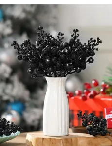 Black glitter artificial berry branches for home decor, Christmas tree and party floral arrangement.