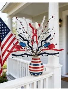 Detailed view of patriotic floral picks in a flag-themed ceramic vase on a porch railing.