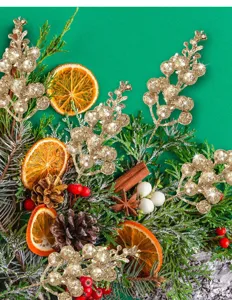 Gold glitter berry branches artificial Christmas floral picks for holiday home party decoration.