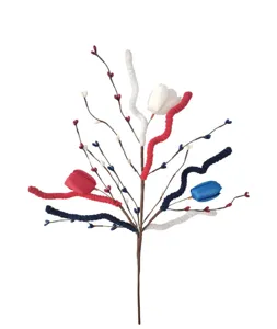 Close-up view of patriotic red white and blue artificial Independence Day berry branch