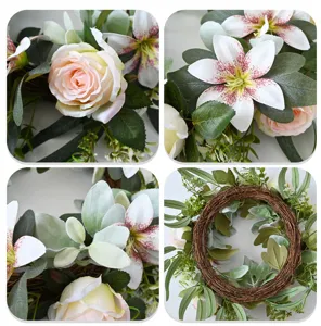 Detailed close-up showing textures of artificial Roselle rose and lily wreath flowers