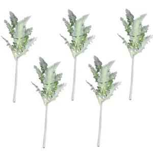 Set de 5 tallos de cineraria marítima artificial flocada para bodas y hogar.