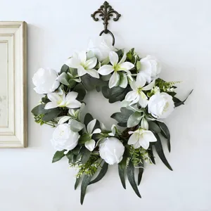 Elegant artificial white rose and lily wreath for home door and wedding wall decoration