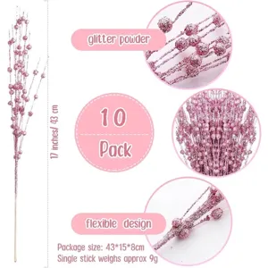 10 pack pink glitter berry stems for festive decoration, 17 inches long