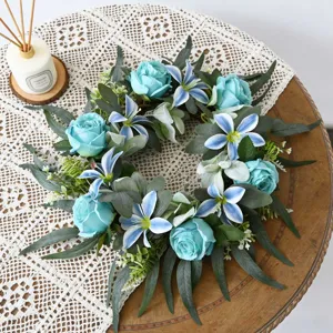 Elegant artificial blue rose and lily wreath for home wall and front door decor