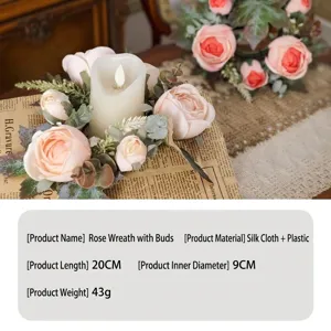 Detailed specification for artificial rose candle holder wreath with dimensions and material.