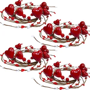 Valentine's Day Heart Berry Candle Rings Red Artificial Heart Candle Wreaths Mother's Day Home Party Decor Handmade Plastic Wreath Rings