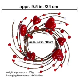 4pcs Valentine's Day heart berry candle wreath with red hearts and white berries, 9.5 inch
