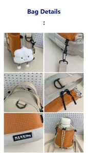 Close-up details of trendy colorblock crossbody backpack, featuring cute cloud pendant and buckles.