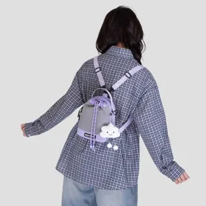 Stylish mini backpack with cute cloud plush pendant casual purple grey drawstring bag for women