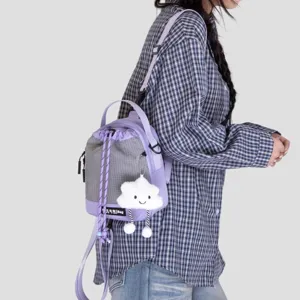 Trendy small plaid backpack with cute cloud plush pendant casual daily mini daypack