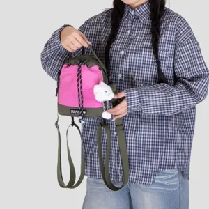 Small pink and green drawstring backpack, casual daily shoulder bag with cute cloud pendant.