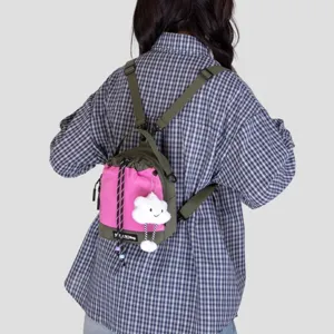 Mini convertible backpack in green and pink with cute cloud charm, stylish daily casual bag.