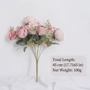 Elegante ramo de rosas y hortensias artificiales rosas para decoración del hogar, 45 cm largo