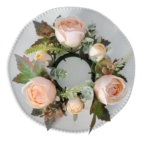 Artificial peach rose and maple leaf candle holder wreath for elegant wedding table decor