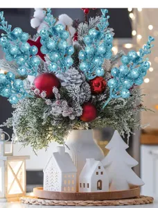 Blue glitter berry branches for Christmas tree and home decor floral arrangement picks.