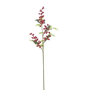 Artificial red berry stem with green leaves for Christmas and festive home floral decoration