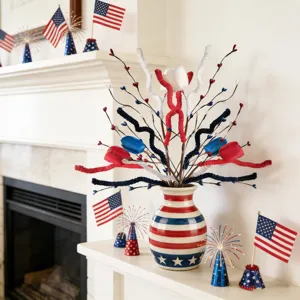 Patriotic Independence Day floral arrangement in red white blue striped vase decor