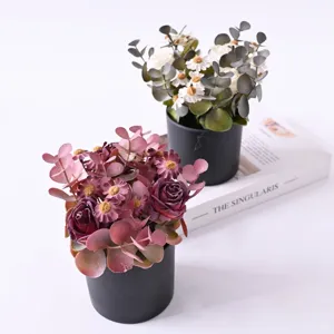 Artificial vintage rose daisy eucalyptus potted plants decorative table centerpiece faux floral decor