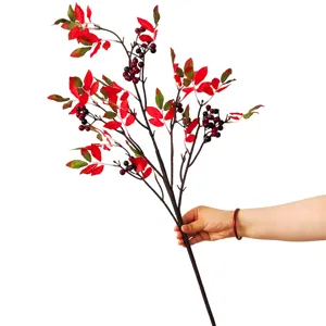 Long stem artificial Nandina domestica branch with red leaves and dark berries for decor
