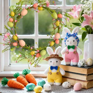 Easter bunny plush toy set with wreath and colorful eggs for spring holiday home decor.