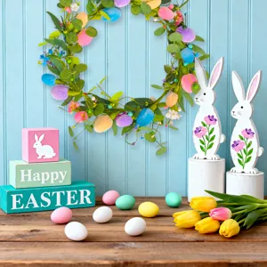 Easter wreath artificial eucalyptus foliage colorful eggs wooden bunny rabbit holiday decor