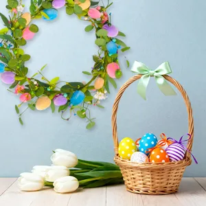 Easter wreath and decorative eggs basket set, spring holiday door hanging scene.