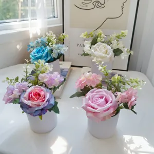 Planta de Maceta de Rosa Artificial Flor de Seda Decoración de Escritorio para Hogar Sala de Estar Oficina Boda Fiesta Decoración de Maceta Bonsái