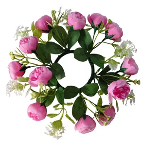 Artificial pink tea rose and baby's breath floral wreath candle holder for table decor