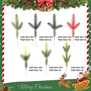 Detailed view of various artificial pine branches with length and weight specifications.
