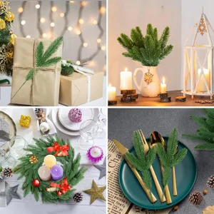 Detailed views of artificial pine branches in various Christmas home decor settings