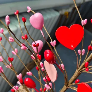 Nahaufnahme von roten und rosa herzförmigen Dekozweigen für eine romantische Valentinstagsdeko.