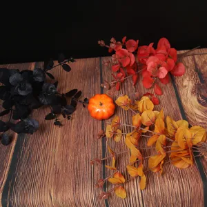 Autumn themed artificial 4-fork eucalyptus branches with pumpkin for Halloween home decor