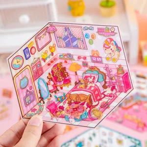 Pegatina de escena de dormitorio en miniatura 3D para manualidades y álbumes creativos