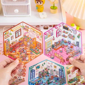 Primer plano de vibrantes pegatinas 3D hexagonales de escenas en miniatura para manualidades DIY