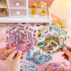 Vista detallada de pegatinas 3D de escenas en miniatura para manualidades y diario