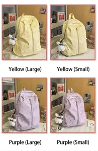 Comparación de mochilas de cielo estrellado amarillas y moradas en tallas G y P.