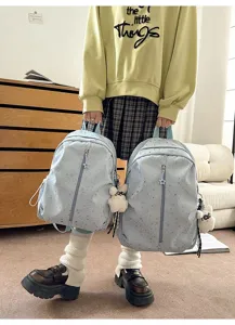 Mochila azul claro de estilo coreano con patrón de estrellas y peluches