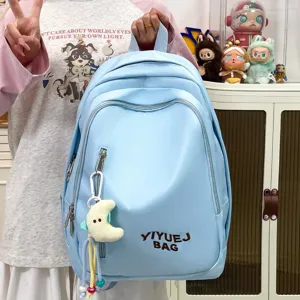 Sac à dos décontracté de couleur unie grande capacité sac d'école pour étudiants vue de détail.