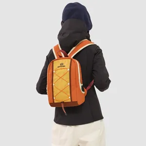 Back view of an orange outdoor sports backpack with reflective strips for hiking and running