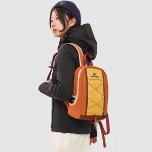 Asian woman wearing a multi-functional orange and yellow sports backpack for hiking.