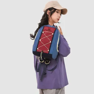 Outdoor sports backpack with reflective strips shown on a model for hiking and cycling