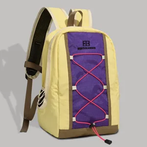 Outdoor hiking and cycling backpack with yellow purple design and reflective strips.