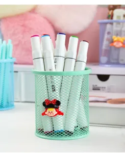 Cute cartoon metal pen holder desktop organizer office school stationery storage container green