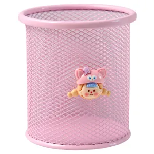 Cute Cartoon Metal Mesh Pen Holder Round Hollow Desk Organizer School Office Stationery Storage Pencil Cup Stand Box For Students Office Worker