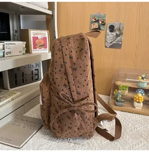Detalle lateral de una mochila de pana marrón con motivos de corazones y mariposas