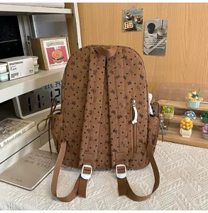 Vista trasera detallada de una mochila de pana marrón con motivos de corazones.