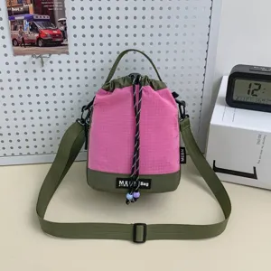 Trendy pink olive green drawstring crossbody bag, portable cup bag for outdoor casual wear.