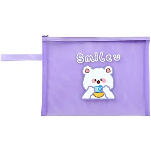 Lindo Estuche de Lápices de Malla Transparente de Dibujos Animados Bolsa de Almacenamiento de Nailon Portátil de Gran Capacidad Organizador de Papelería para Estudiantes